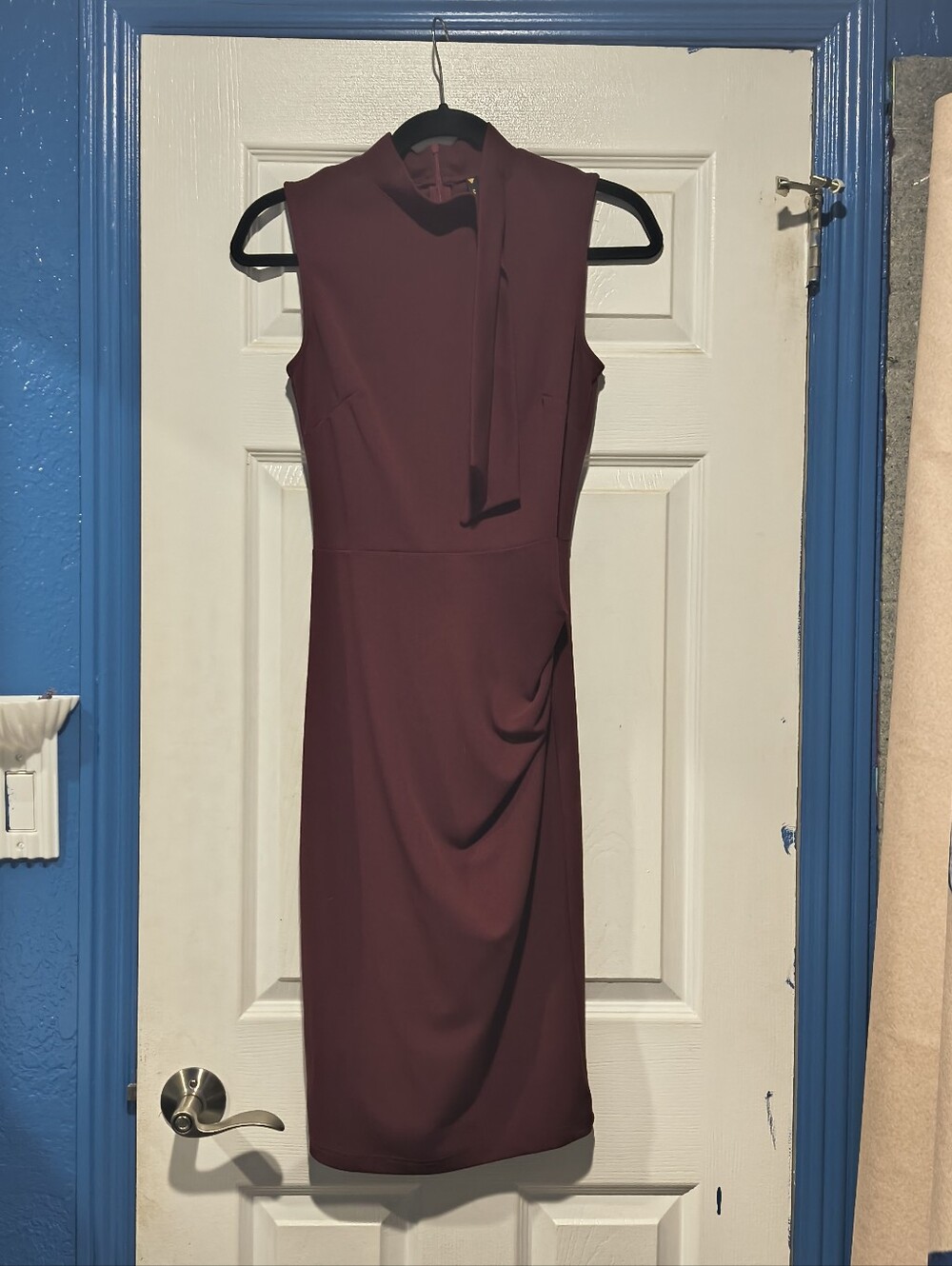 Miusol Burgundy High Neck Ruched Bodycon Sheath Dress Sleeveless Size S